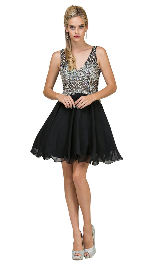 Beaded V-neck A-line Cocktail Dress - ADASA