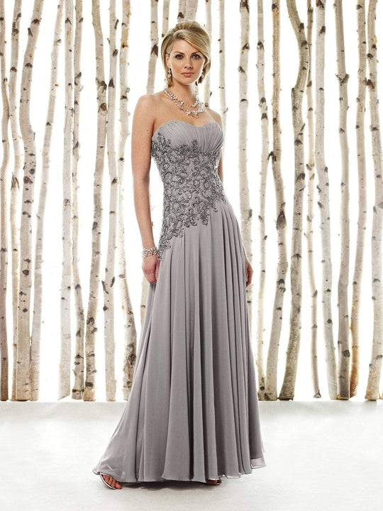 Cameron Blake by Mon Cheri Ruched Strapless Sweetheart Beaded Gown In Silver and Gray