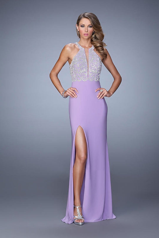 La Femme - 21168 Embroidered Halter Sheath Dress In Purple