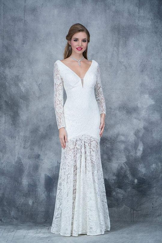 Nina Canacci - 2116 Lace Deep V-neck Trumpet Dress In White