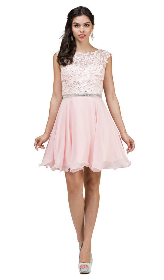 Beaded Lace Illusion Bateau Cocktail Dress - ADASA