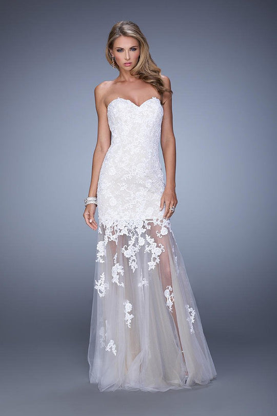 La Femme - 21174 Bejeweled Strapless Lace Evening Gown In White