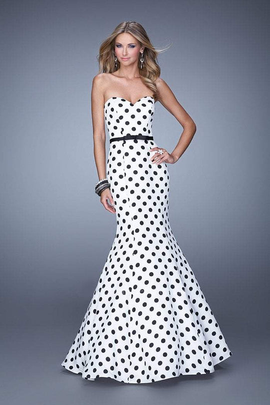 La Femme - 21180 Polka Dot Print Mermaid Gown In White and Black
