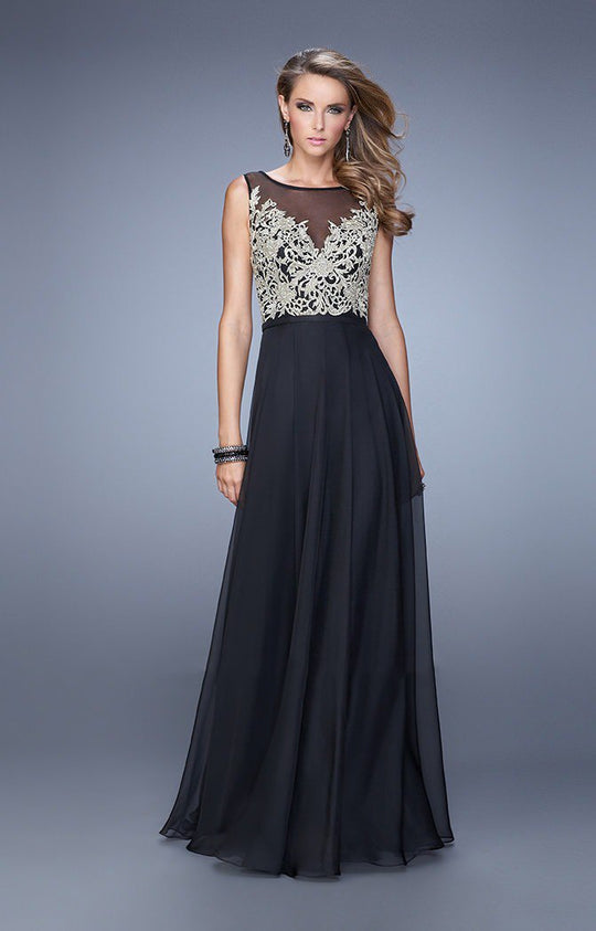 La Femme - Embroidered Illusion Bateau Chiffon Dress 21182 In Black