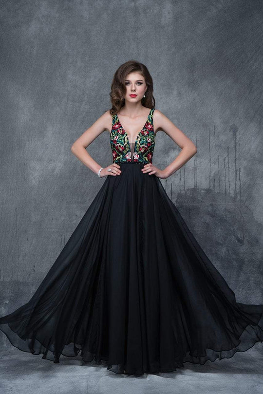 Nina Canacci - 2118 Plunging Neck Floral Chiffon Gown In Black