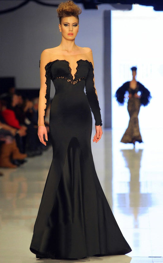 MNM Couture - 2118 Illusion Off Shoulder Mermaid Dress In Black