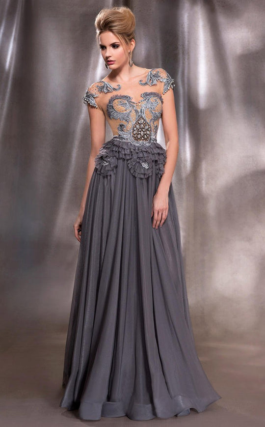 MNM Couture - 2119 Embellished Illusion Jewel A-line Dress In Silver