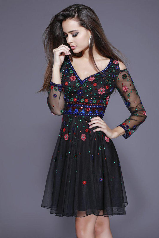 Shail K - 21205 Embellished Long Sleeve Cutaway Cocktail Dress In Black and Multi-Color