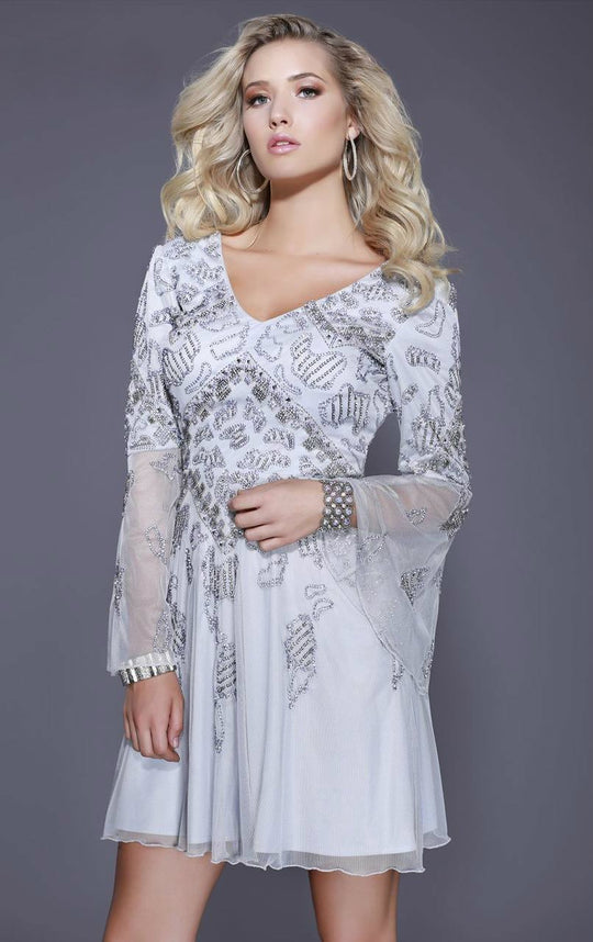 Shail K - 21206 Beaded V Neck Long Sleeves Dress In Silver