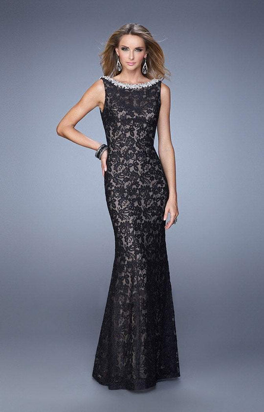 La Femme - 21206 Bateau Neck Beaded Lace Mermaid Gown In Black