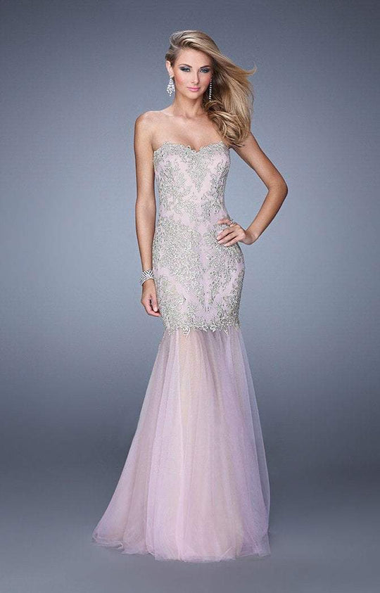 La Femme - 21216 Strapless Embroidered Mermaid Gown In Pink and Neutral