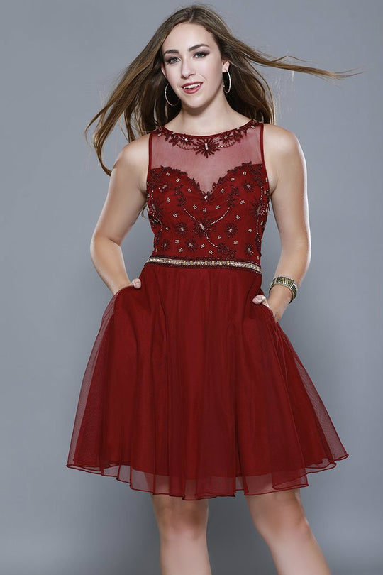 Shail K - 21231 Sequined Floral Sheer Cocktail Dress In Red