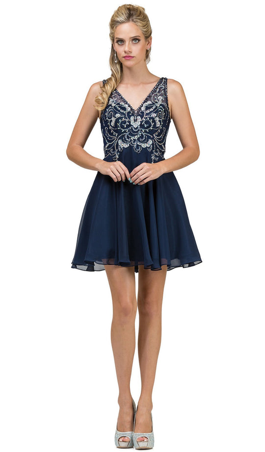 Dancing Queen - 2124 Illusion Cutout Chiffon Cocktail Dress in Blue