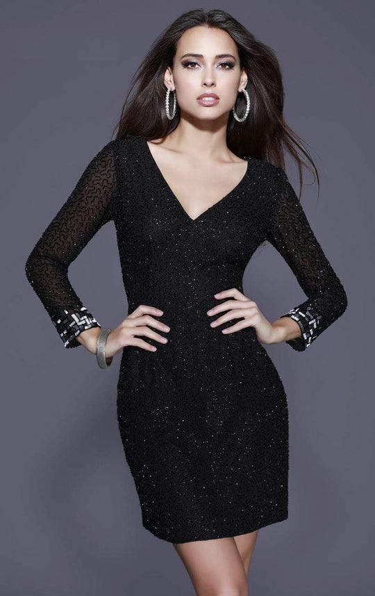 Shail K V Neck Beaded Long Sleeves Dress 21248 In Black