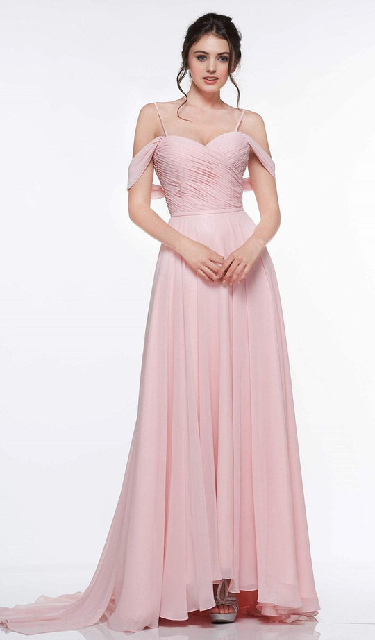 Colors Dress - 2125 Drape Cold Shoulder Foil Chiffon Caped Gown In Pink