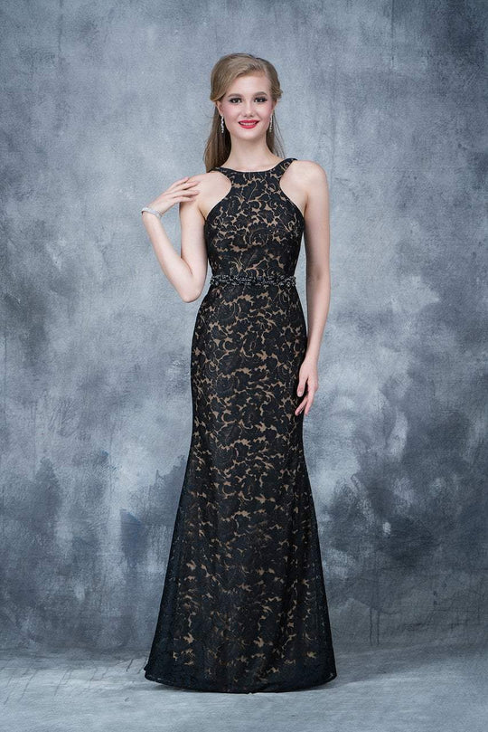 Nina Canacci - 2127 Jewel Neck Fitted Lace Evening Gown In Black and Neutral