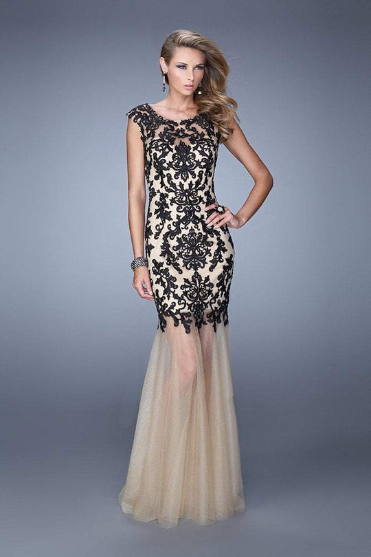La Femme Embroidered Illusion Bateau Trumpet Dress 21286 - 1 pc Black/Nude In Size 0 Available In Black and Neutral