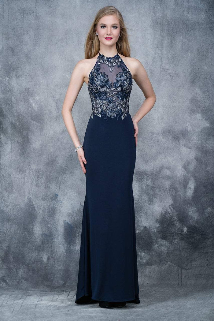 Nina Canacci - 2128 Embroidered Illusion Halter Sheath Dress In Blue