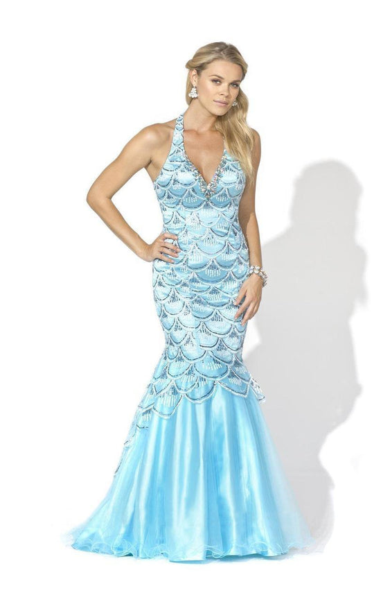 Blush - X007 Embellished Deep V-neck Mermaid Gown In Blue