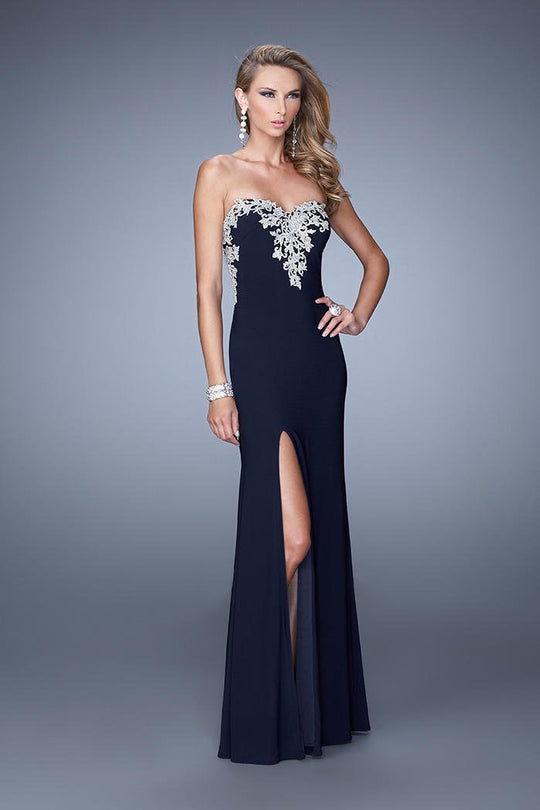 La Femme - 21292 Metallic Embroidered Strapless Gown In Blue