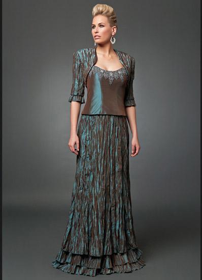 Daymor Couture - Beaded Crinkled Long Gown with Bolero 213 in Brown and Blue