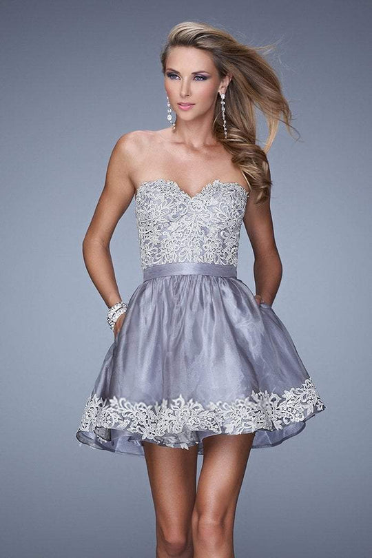 La Femme - 21306 Embroidered Sweetheart Organza A-line Dress in Silver and Gray