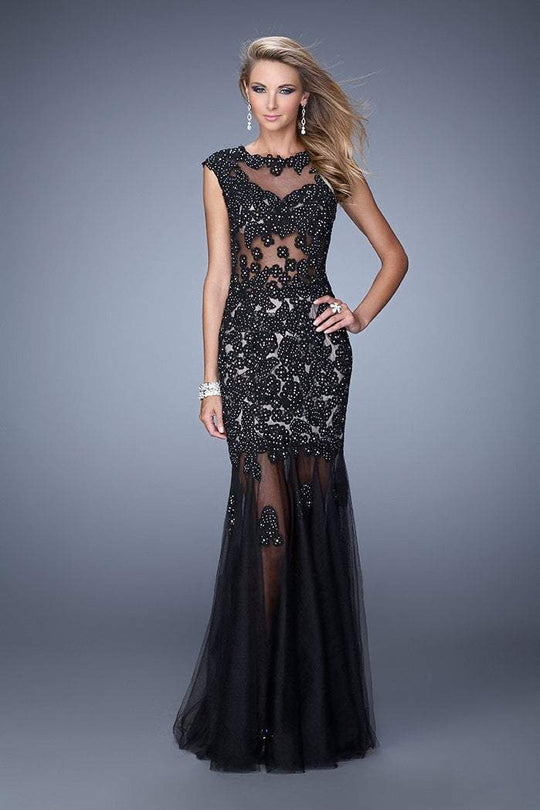 GiGi - 21318 Embellished Illusion Bateau Trumpet Dress in Black and Neutral