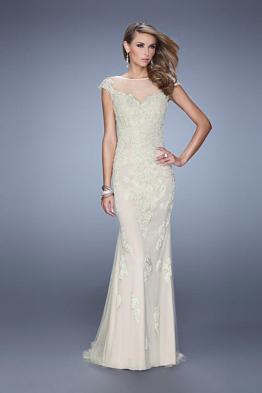 Gigi - 21319 Embroidered Lace Illusion Bateau Gown In Yellow