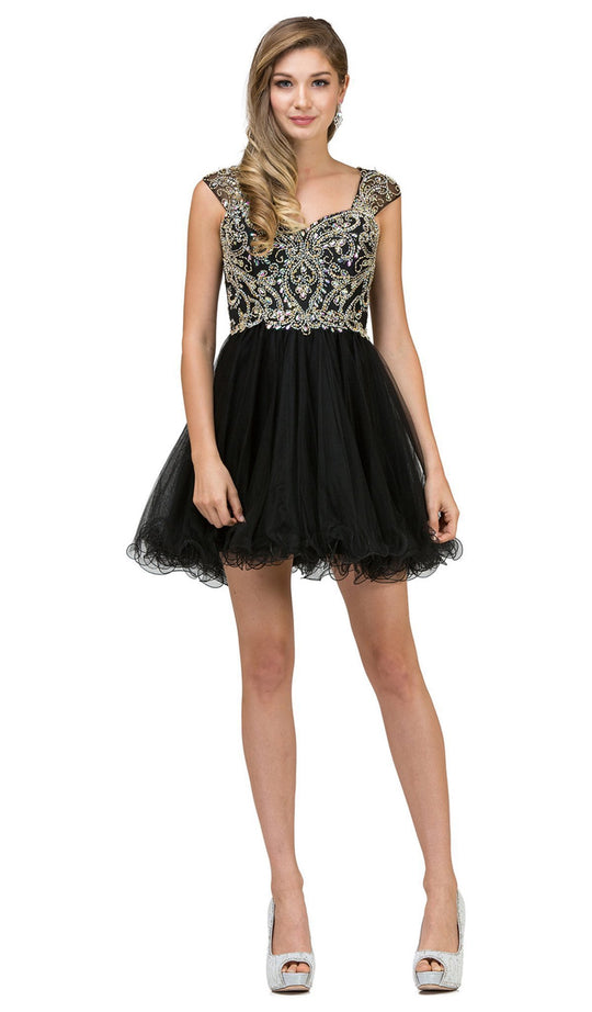 Cap Sleeved Bejeweled Cocktail Dress - ADASA