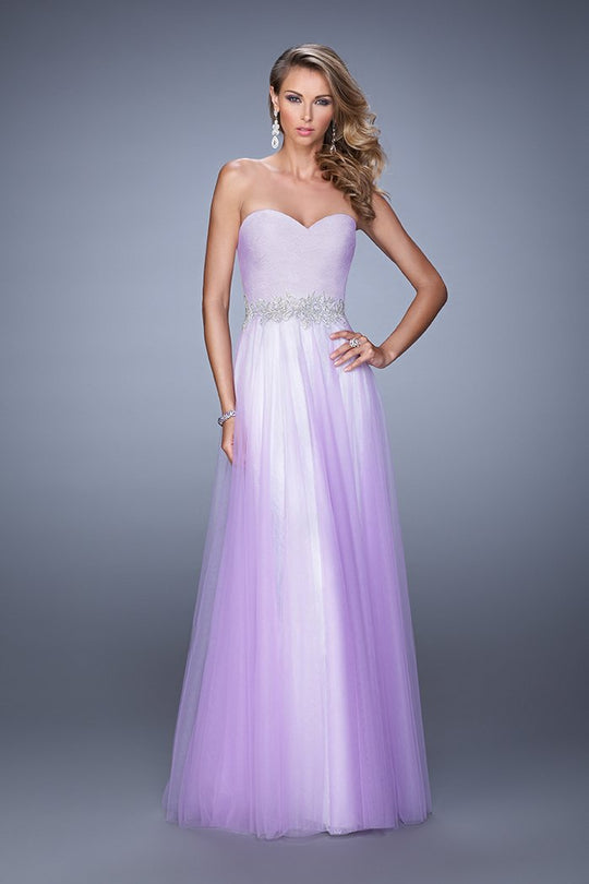 La Femme - 21341 Strapless Tulle Overskirt Gown In Purple and White