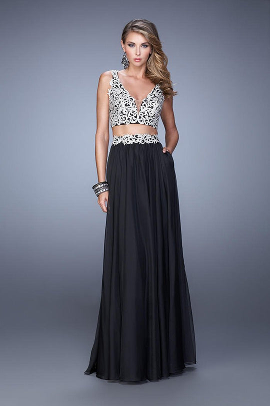 La Femme - 21342 Two Piece Deep V-neck A-line Dress In Black