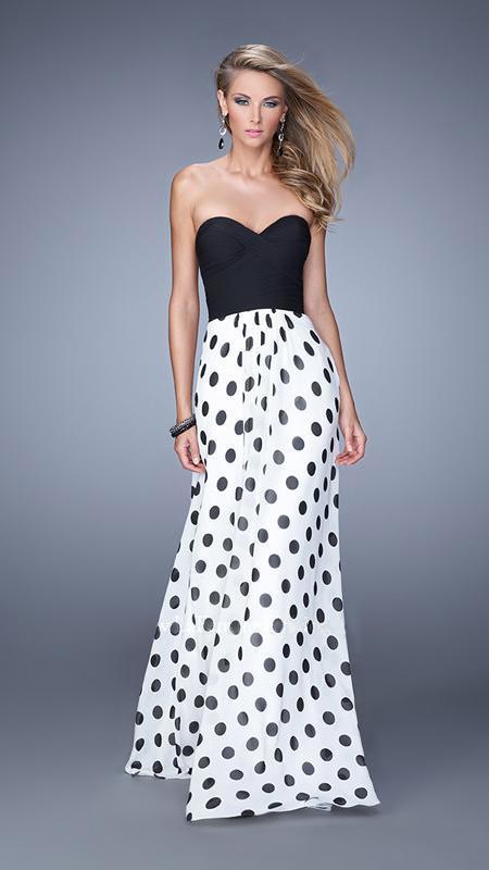 La Femme - Polka Dot Long Chiffon Prom Dress 21359 in White and Black