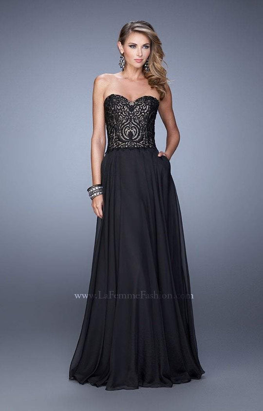 La Femme - 21360 Elegant Embroidery Strapless Sweetheart Evening Gown In Black