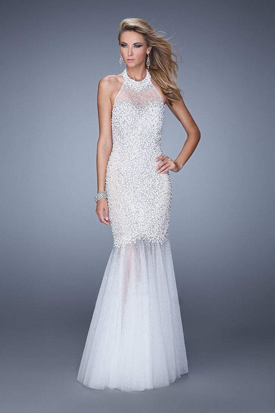 La Femme Gigi Bead Embellished Illusion Halter Mermaid Gown 21363  In White