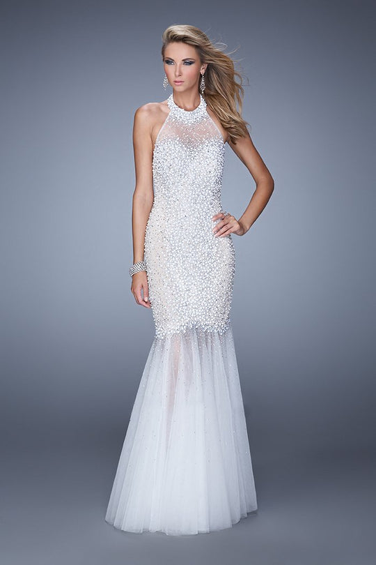 GiGi - 21363 Beaded Illusion Halter Mermaid Dress in White and Neutral