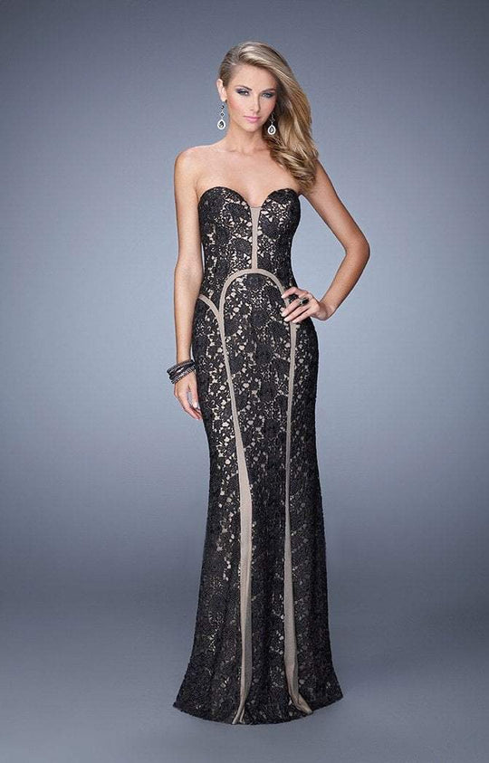 La Femme - 21376 Lacy Strapless Fitted Evening Gown In Black and Neutral