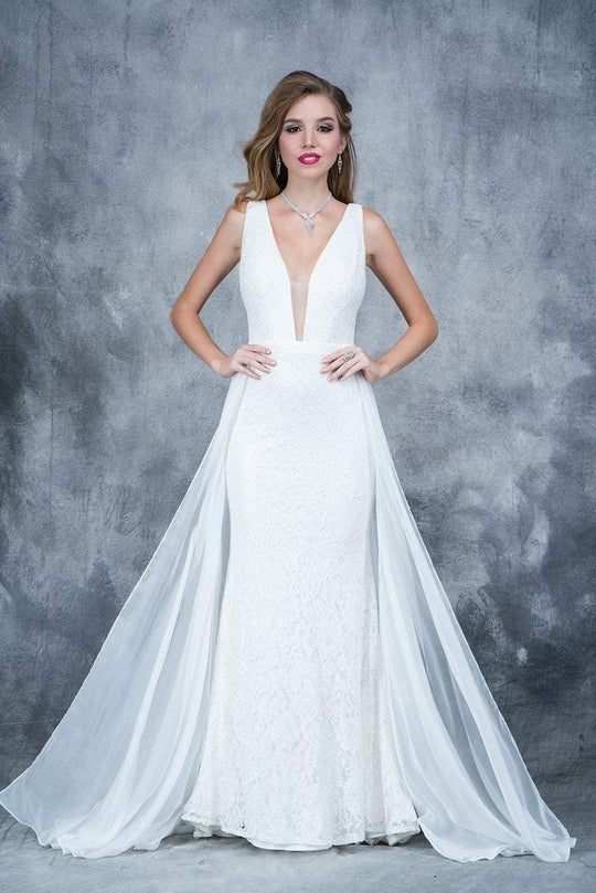 Nina Canacci - 2137 Lace Deep V-neck Column Dress In White