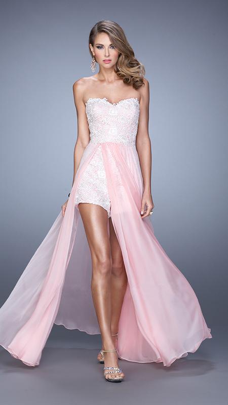 La Femme - 21383 Lace Sweetheart Chiffon Romper/Dress In Pink