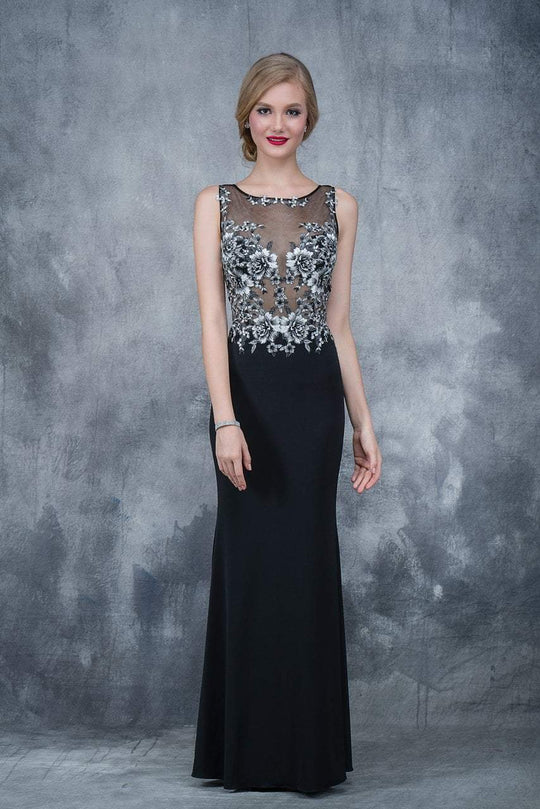 Nina Canacci - 2138 Sheer Floral Embellished Fitted Gown In Black