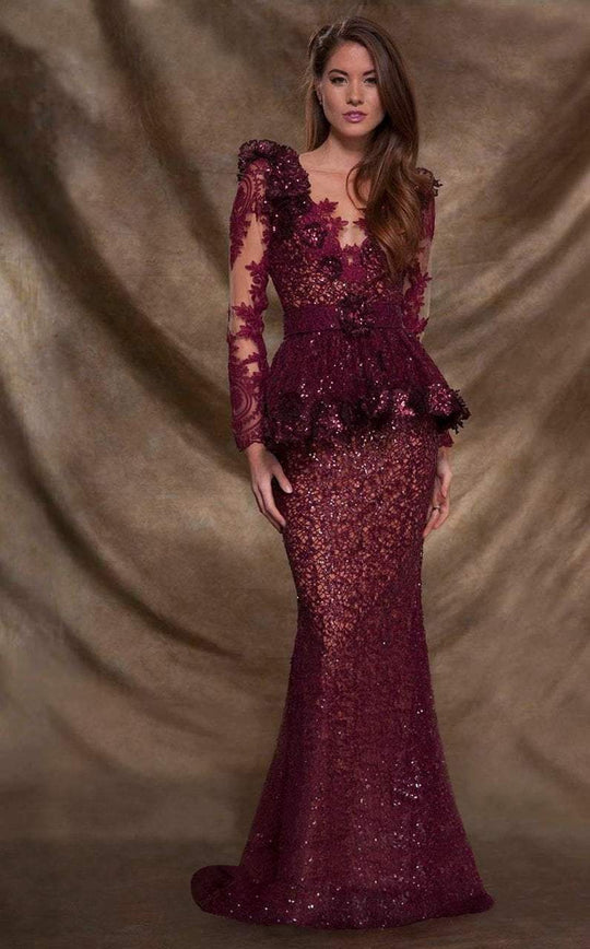 MNM Couture - 2138 Vine Appliqued Peplum Gown in Red