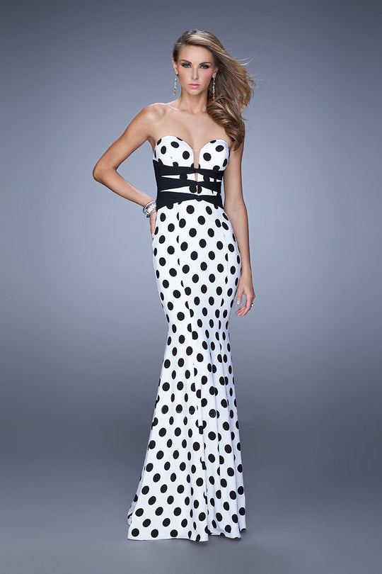 La Femme - 21392 Strapless Polka Dot Gown with Contrast Band In White and Black