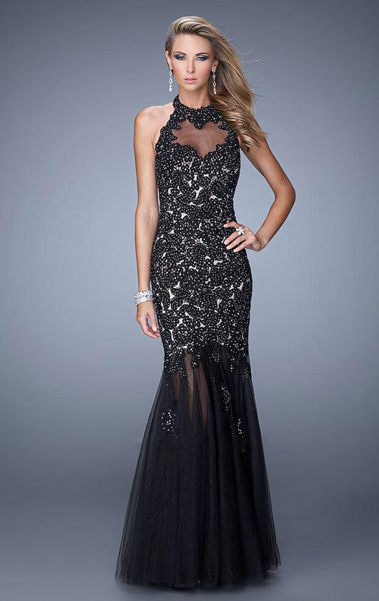 GiGi - 21400 Lace Illusion Halter Mermaid Dress in Black and Neutral