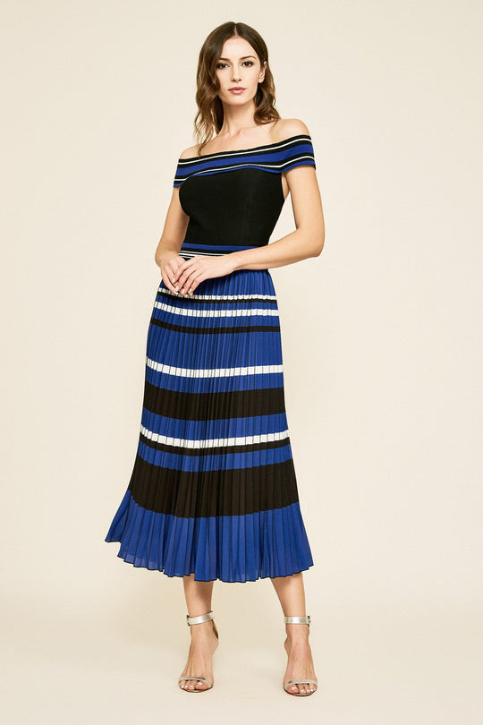 Tadashi Shoji - Powell Pleated Off-The-Shoulder Tea-Length Dress In Blue and Black