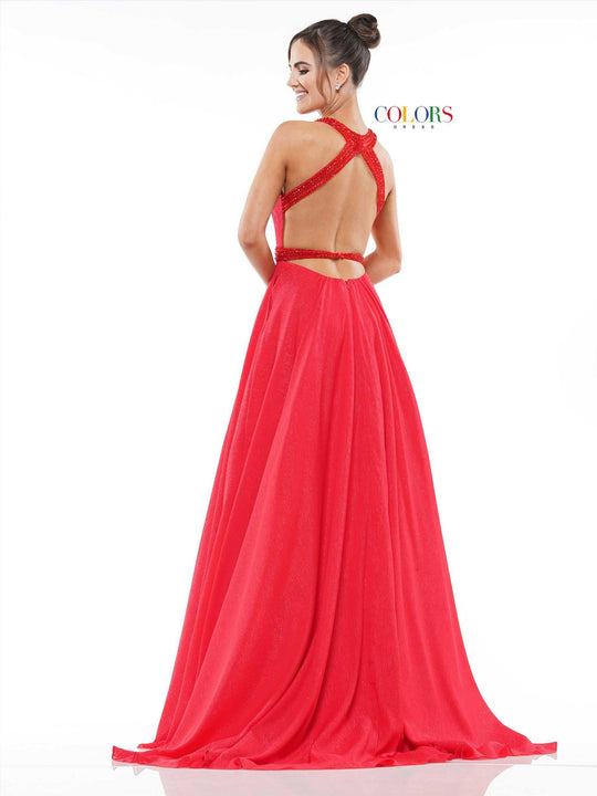Colors Dress - 2142 Plunging V-Neck A-Line Gown with Slit In Red