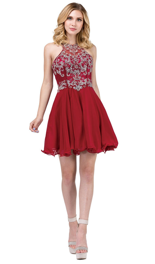 Dancing Queen - 2143 Bejeweled Halter A-line Homecoming Dress in Red