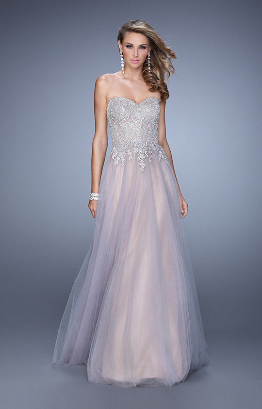 La Femme - 21431 Strapless Metallic Embroidered Gown In Gray and Pink
