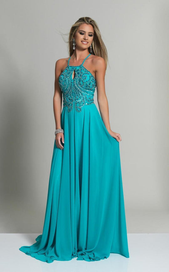 Dave & Johnny - 2143W Halter Cutout Draped A-Line Gown in Blue and Green