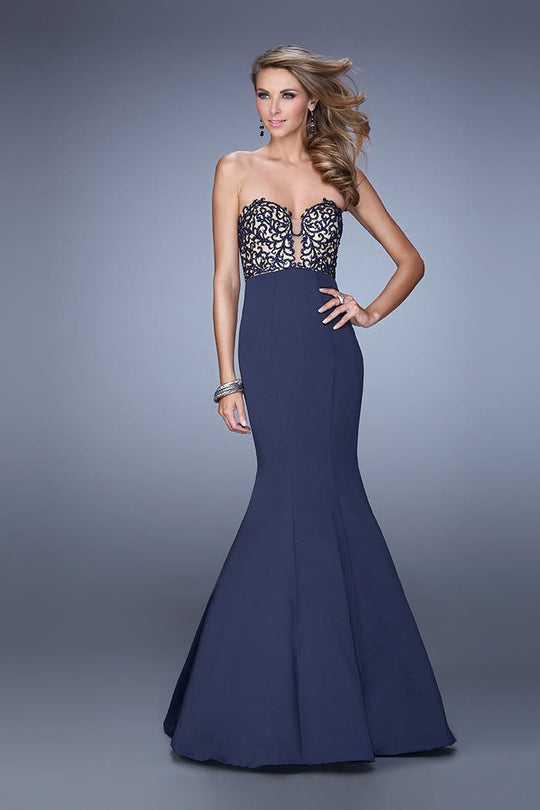 La Femme - 21443 Embroidered Strapless Mermaid Gown In Blue