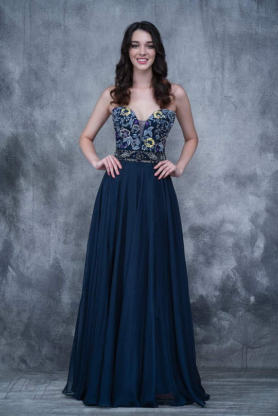 Nina Canacci - 2144 Floral Strapless Chiffon Gown In Blue