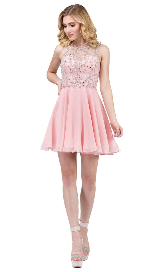 Dancing Queen - 2145 Bejeweled Illusion Neck A-line Homecoming Dress